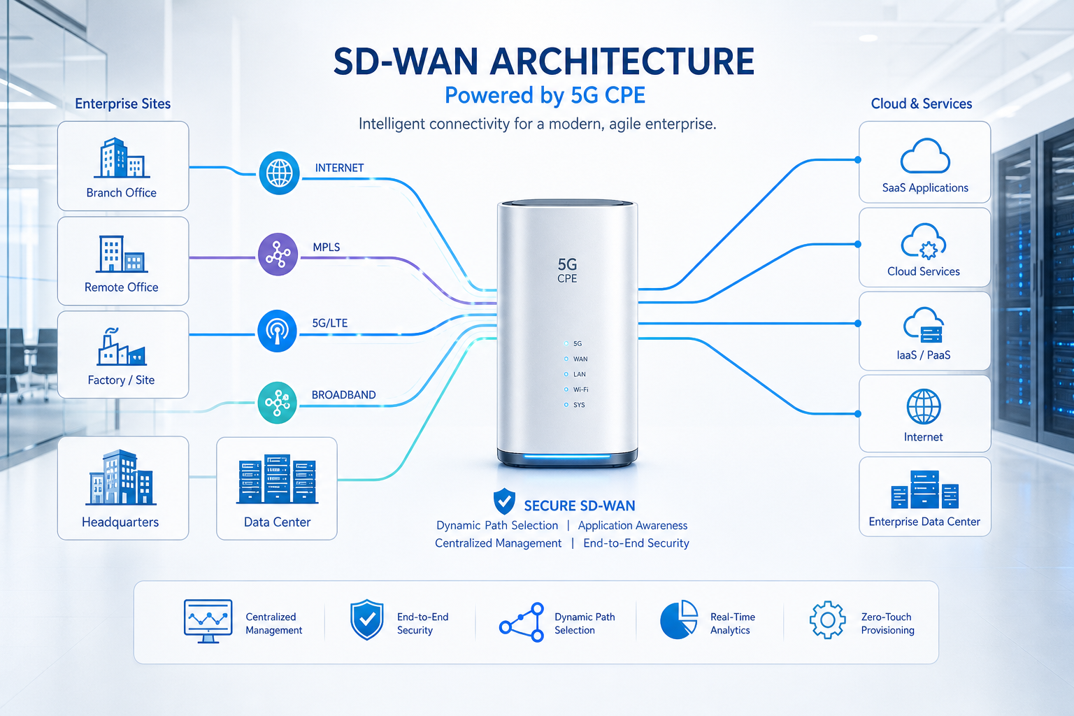 Enterprise SD-WAN network architecture with 5G CPE and multi-path connectivity