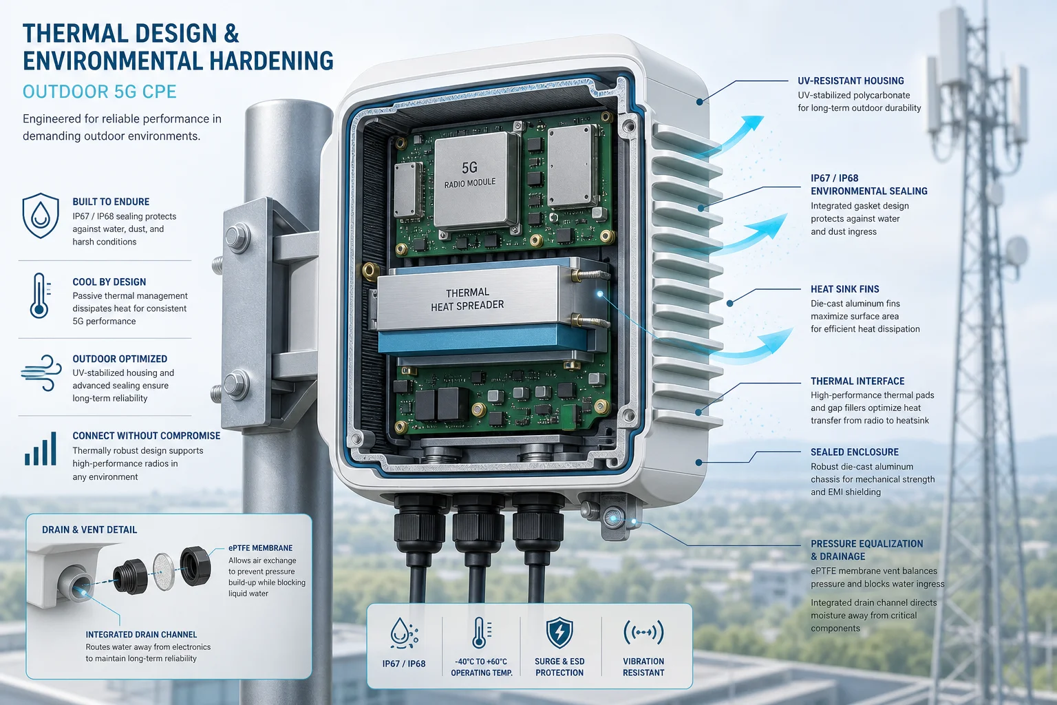 Thermal design and environmental hardening for outdoor 5G CPE - cross-section engineering illustration showing heat sink fins IP67 enclosure and field deployment reliability