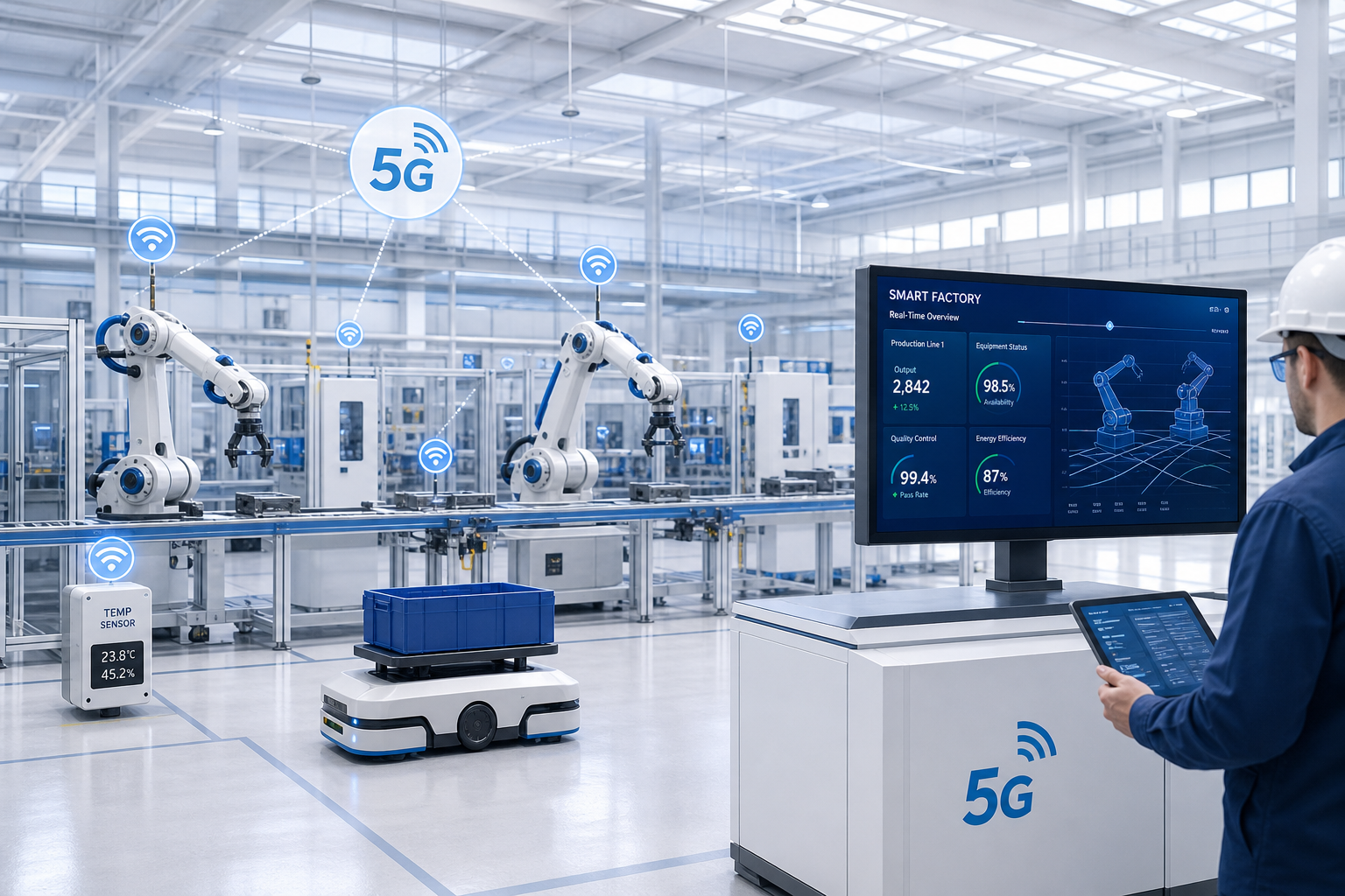 Modern smart factory with 5G wireless connectivity and industrial automation CPE
