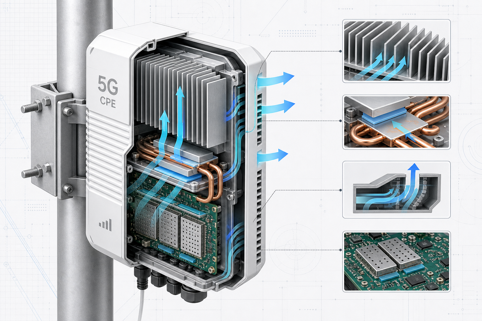 5G CPE thermal management passive cooling heat dissipation engineering for outdoor deployments