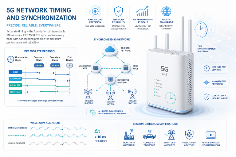 A Technical Buyer’s Guide to 5G CPE Network Timing and Synchronization: IEEE 1588v2 Precision Time Protocol, Synchronous Ethernet, and GNSS-Disciplined Oscillator Design for TDD FWA Networks