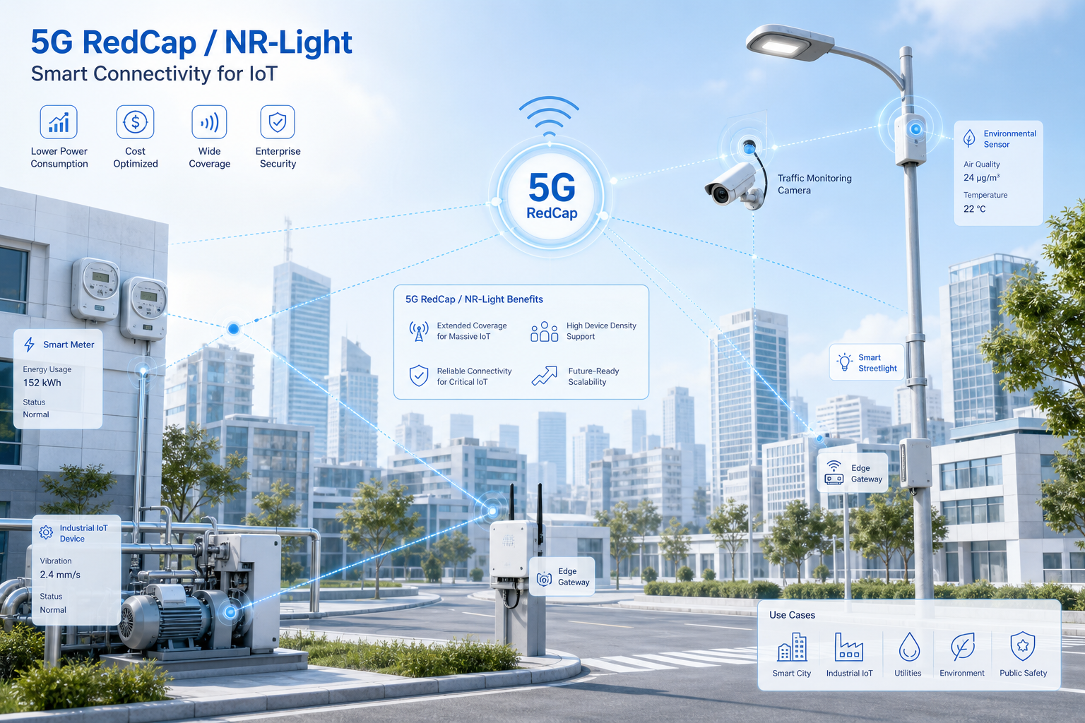 5G RedCap NR-Light CPE for IoT and smart city connectivity with connected sensors and devices