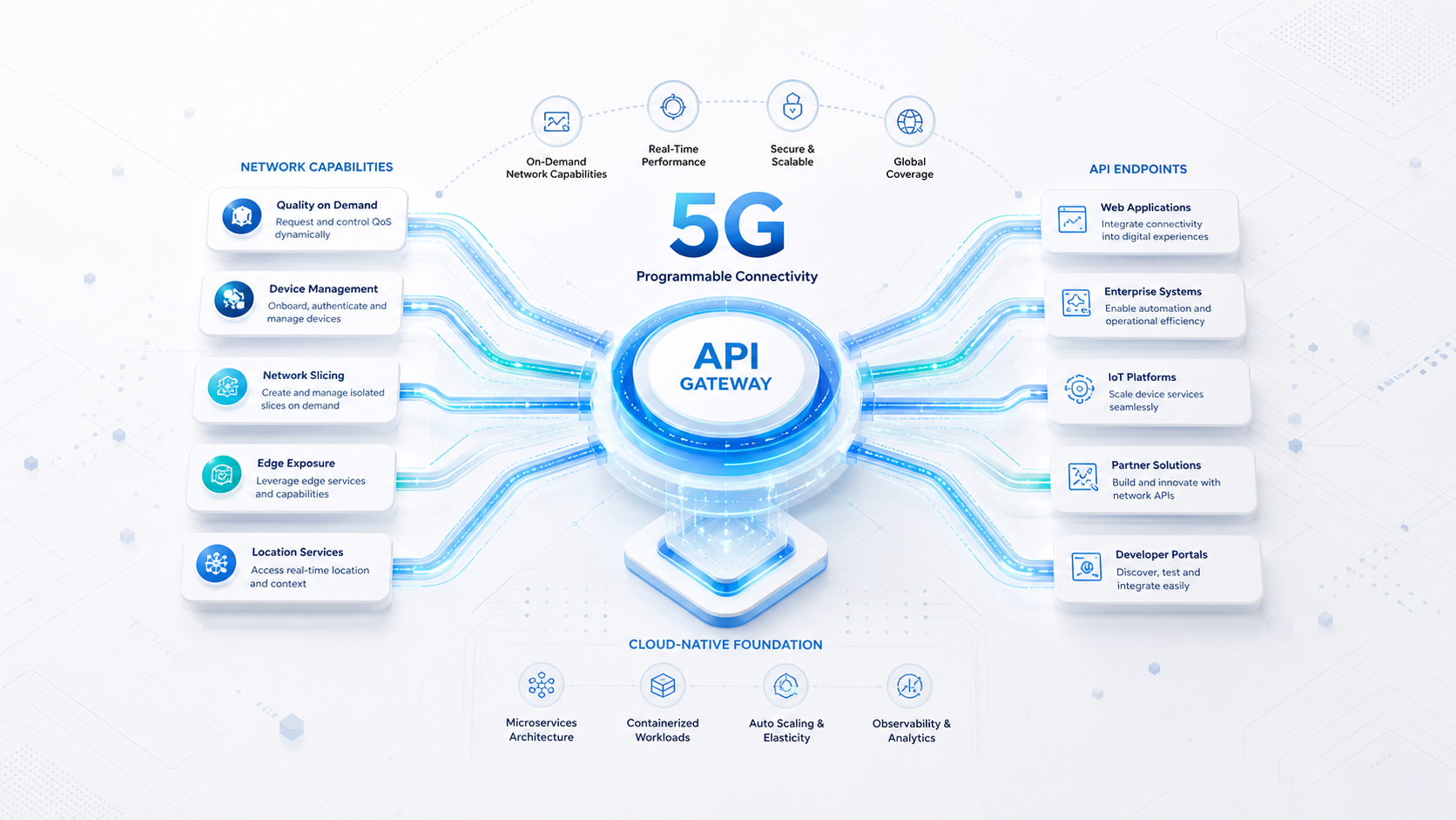 Abstract visualization of 5G network APIs and CAMARA Open Gateway programmability for FWA CPE